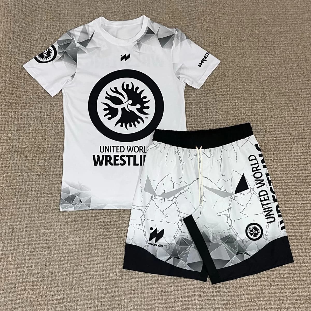 Men's White Marble Print Rash Guard & Shorts Fast Dry Wrestling Style Compression Sport Set Breathable Athletic Training Uniform