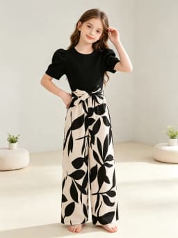 Girls Solid Color Bow Waist Tied Top And Wide Leg Pants Set Summer Vacation Outdoor Wear Comfortable Loose Fit Outfit for Kids