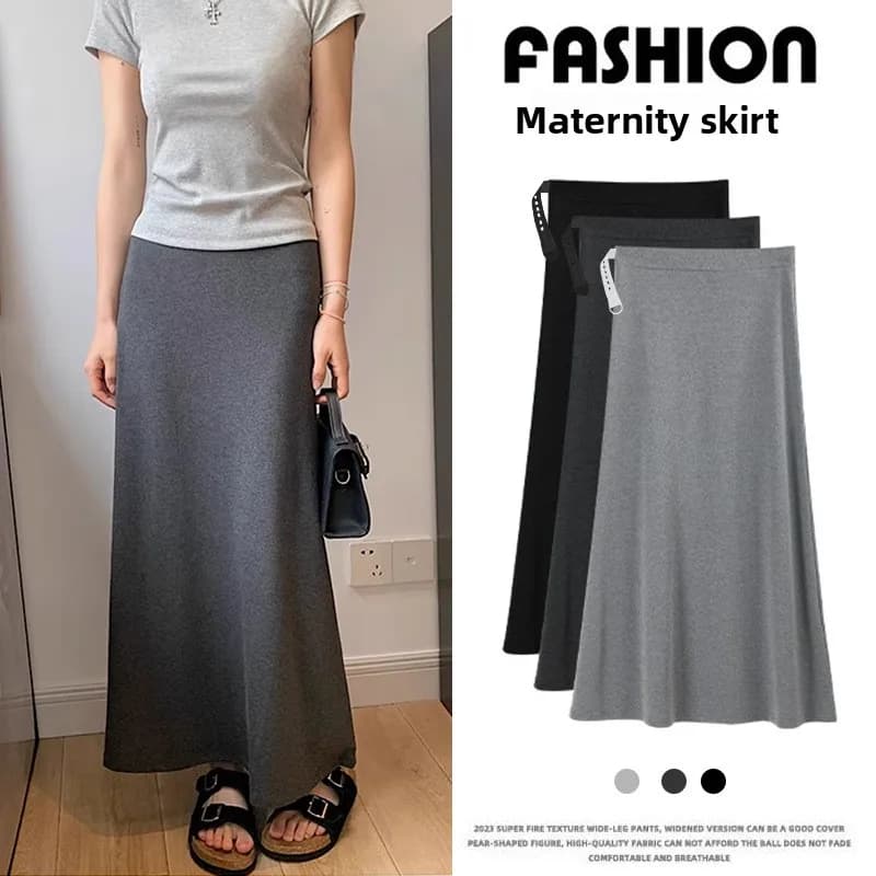 2025 New Summer Maternity Maxi Skirt: Plus Size High-Waist Gray A-Line Fishtail Skirt, Thin Breathable Fabric for Daily Wear