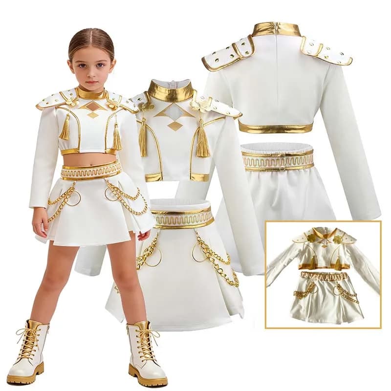 Girls Knight General Cosplay Costume White Gold Outfit Long Sleeve Top Skirt Set For Halloween Carnival Theme Party