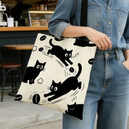 1pc Black Cat & Coffee Canvas Tote Bag – Cute Playful Kitten Print with Latte & Bean Patterns, Eco-Friendly Boho Shoulder Bag fo