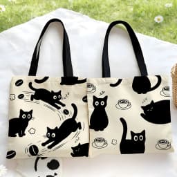 1pc Black Cat & Coffee Canvas Tote Bag – Cute Playful Kitten Print with Latte & Bean Patterns, Eco-Friendly Boho Shoulder Bag fo