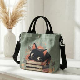 Cute Black Cat Stacked Book Floral Print Tote Bag Detachable Strap Crossbody Handbag For Women Daily Shopping
