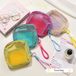 Mesh Pouch Dopamine-Colored Travel Portable Charging Cable Toiletries Mini Mesh Storage Pouch Mesh Cosmetic Bag Key Pouch Card