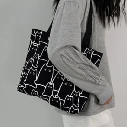 Cute Cat Shopper Handbags Shoulder Fashion Canvas Casual Shopping Girls Women Graphic Tote BagJapanese Cartoon Small Shoulder