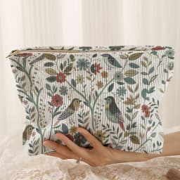 1pc, Branch Bird Pattern Corduroy Zipper Makeup Bag, Lightweight and Multifunctional Cosmetic Storage Bag