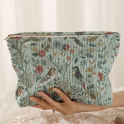 1pc, Branch Bird Pattern Corduroy Zipper Makeup Bag, Lightweight and Multifunctional Cosmetic Storage Bag