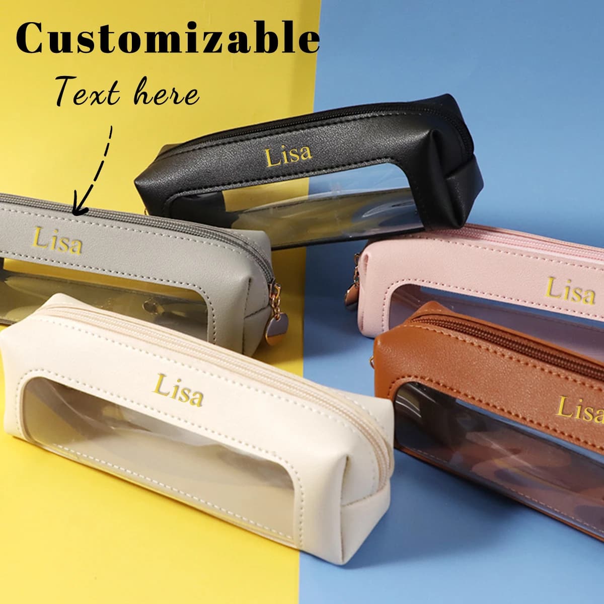 Customized letter pu leather pen case, pvc storage bag, portable transparent large-capacity stationery bag