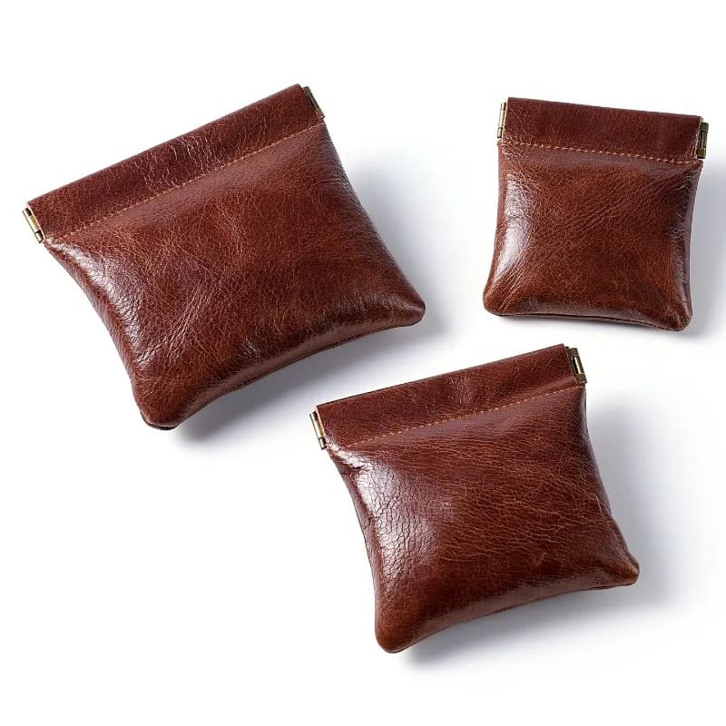 3 Size Options Genuine Leather Squeeze Coin Purse, Automatic Closing Jewelry Pouch, Multi-Size Mini Storage Bag for Small Items