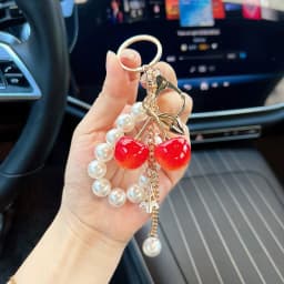Acrylic Cherry Bag Charm With Imitation Pearl Bead Chain Mini Eiffel Tower Metal Pendant Gold Keychain Handbag Accessory