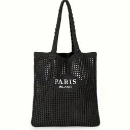 1 Piece Women's Knitted Woven Tote Bag - Paris Lettered Open Shoulder Bag, Breathable Beach & Travel Bag, Washable Fabric, Casual Shopping Accessory, Durable Woven Design, Exclusive for Fashion Enthusiasts