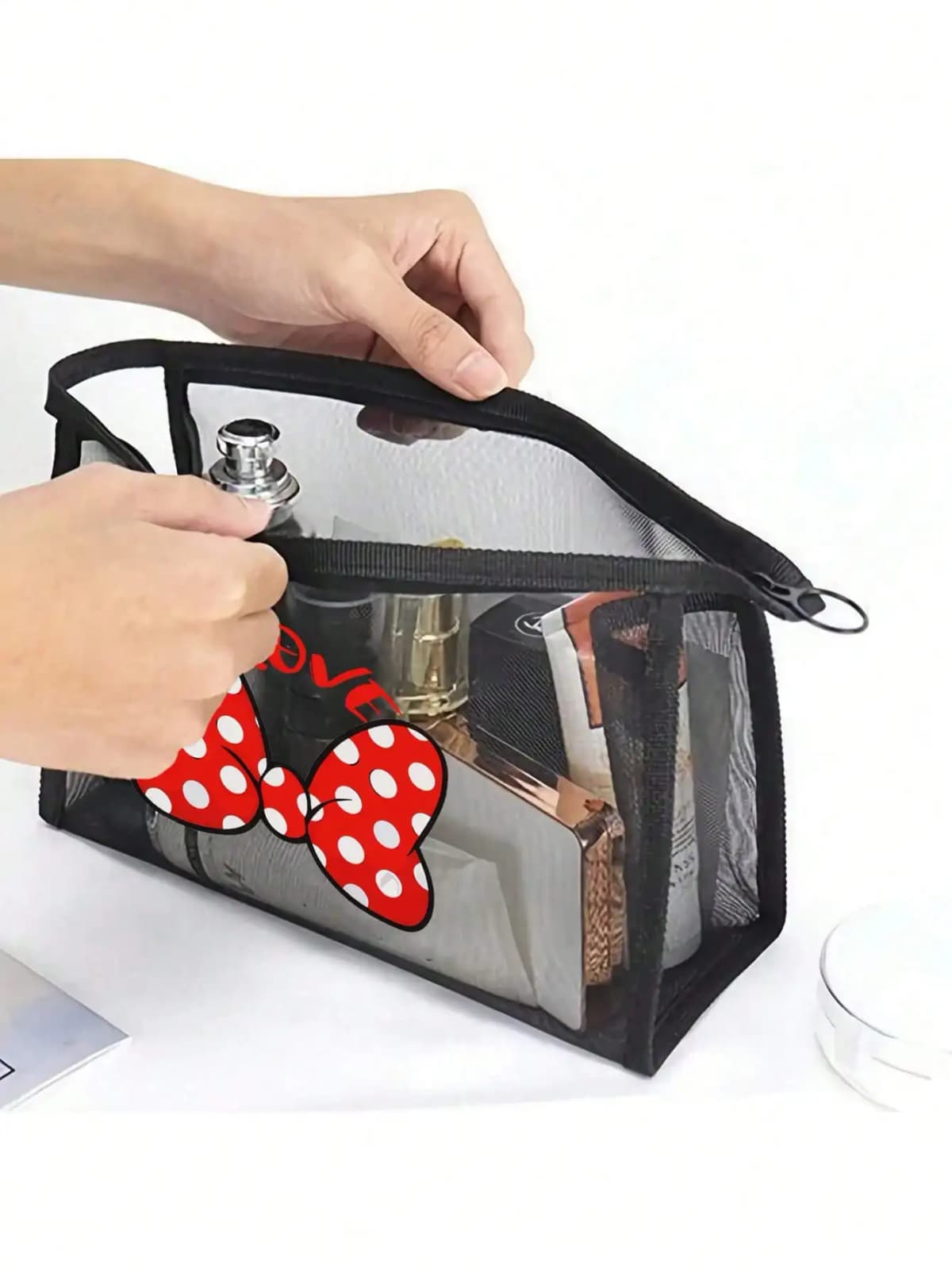 1pc Travel Black Bow Mesh Cosmetic Bag Zipper Makeup Bag For Women Wash Toiletry Bag Makeup Organizer Portable Storage Pouch