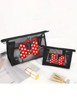 1pc Travel Black Bow Mesh Cosmetic Bag Zipper Makeup Bag For Women Wash Toiletry Bag Makeup Organizer Portable Storage Pouch