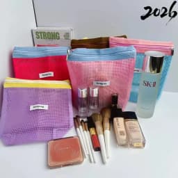Ins Style Vibrant Bright Color Summer Mesh Tote Bag Small Cosmetic Bag Handbag Foldable Portable Toiletry Bag Women's Beach Bag