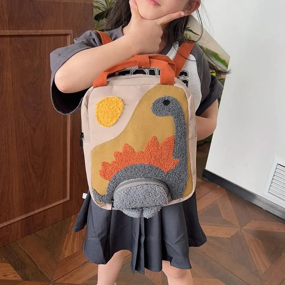 Long Neck Small Dinosaur Kindergarten Children Backpack Cartoon Hook Hair Embroidered Cute Backpack Canvas