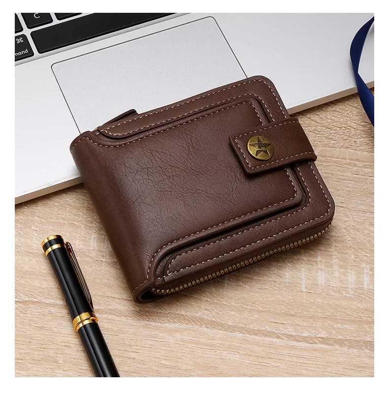 Short Horizontal Zipper Coin Pocket Tri-fold Card Case Purse Billetera Hombre Vintage Men High Quality PU Leather Small Wallet