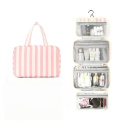Portable Hanging Travel Toiletry Bag 4-Fold with Hook Makeup Bag Large Capacity Striped Cosmetic Bag Travel