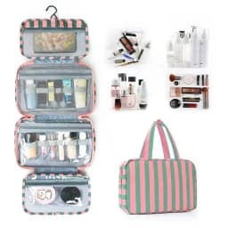 Portable Hanging Travel Toiletry Bag 4-Fold with Hook Makeup Bag Large Capacity Striped Cosmetic Bag Travel