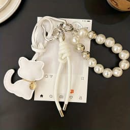 New Imitation Pearl Cat Mobile Phone Chain Gift Hanging Ornament Pendant Handbag Pendant Keychain Women Girls