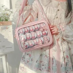 Kawaii Handbag Crossbody Bag PU Leather Transparent Window Shoulder Bag for Anime Badge Pins Display Daily Casual Messenger Bag