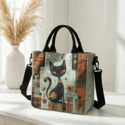 Abstract Geometric Floral Black Cat Art Print Tote Bag Detachable Strap Crossbody Handbag For Women Daily Shopping