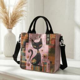 Abstract Geometric Floral Black Cat Art Print Tote Bag Detachable Strap Crossbody Handbag For Women Daily Shopping