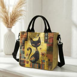 Abstract Geometric Floral Black Cat Art Print Tote Bag Detachable Strap Crossbody Handbag For Women Daily Shopping