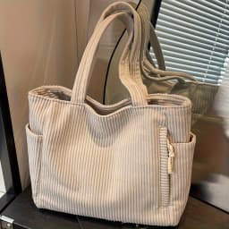 Lightweight Large Capacity Corduroy Handbag with Zipper Closure Solid Color Casual Shoulder Bag for Daily Commuter