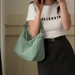 Women’s Corduroy Shoulder Bag, Casual Striped Large Capacity Tote with Zipper Closure, Cute Hat Patch, Perfect for Everyday Use