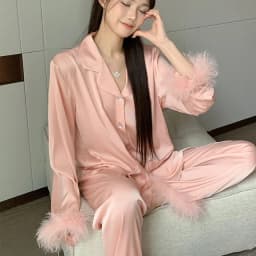 Spring Autumn Female Pajamas Trouser Set Luxury Feather Pink Bride Wedding Sleepwear Gift Sexy Loose Satin Home Wear Loungewear