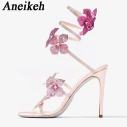 Aneikeh Sexy CRYSTAL Flower Narrow Band Ankle Strap Sandals Woman Thin High Heels Street Style Pole Dancing Ladies Shoes