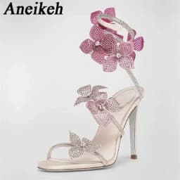 Aneikeh Sexy CRYSTAL Flower Narrow Band Ankle Strap Sandals Woman Thin High Heels Street Style Pole Dancing Ladies Shoes