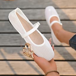 Summer Ladies Mesh Hollow Out Mary Jane Flat Pumps Square Toe Adjustable Buckle Strap Comfort Soft Flat Sole Casual Daily Shoes