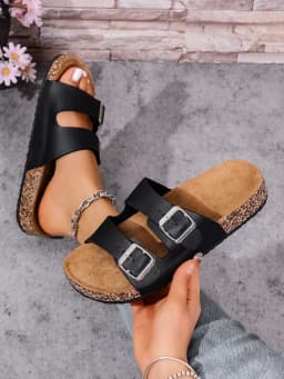 Women's Summer and Spring/Autumn Casual Simple Buckle Cork-Patterned Adjustable Pu Upper Flat Slip-On Double-Strap Sandals Beach Slippers for Home and Outdoor Use