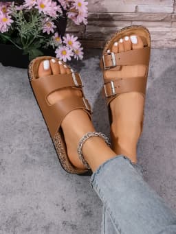 Women's Summer and Spring/Autumn Casual Simple Buckle Cork-Patterned Adjustable Pu Upper Flat Slip-On Double-Strap Sandals Beach Slippers for Home and Outdoor Use
