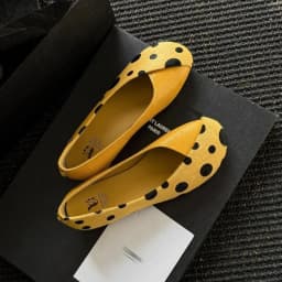 Genuine Leather Sweet Style Yellow Polka Dot Shallow Single Shoes for Women, Niche Versatile Shoes, Slip-on Small Leather Shoes