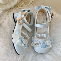 Cute Lolita Mary Jane Heels with Bunny Bows Lace and Bells for Cosplay and Tea Parties