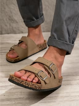 Men's Youth Mules New Spring/Summer Retro Casual Slip-On Shoes Pu Upper Double-Strap Half-Slip Flat Slippers with Adjustable Buckle