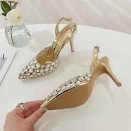 Aneikeh Fashion Stiletto Pumps Summer Silvery Rhinestone Hollow Strap High-heeled Sandals Women Wedding Banquet Shoes