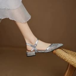 French Pointed-Toe Woven High-Heeled Sandals, Breathable Mesh Leather, Summer Fashionable Open-Toe Large-Size Women's Shoes
