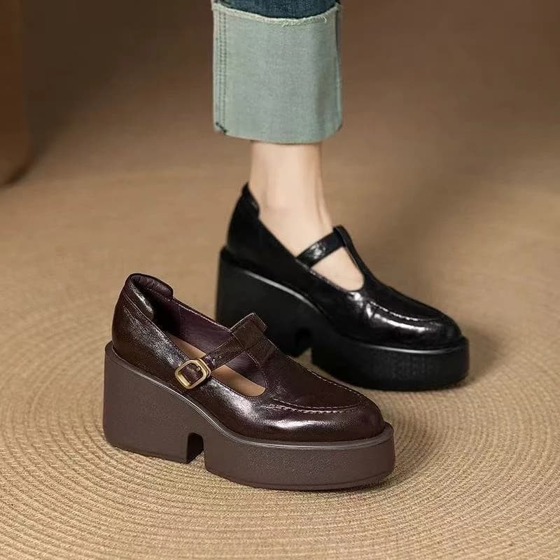 Chunky Platform High Heels Pumps Women Spring PU Leather Ankle Buckle Mary Jane Shoes Woman Brown Thick Heeled Sandals Loafers