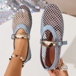 Mesh Black Ballet Shoes Female 2026 Summer New Flat Hollow Mesh Breathable Buckle Strap Single Shoes Fishnet Shoes Woman Sandals