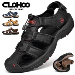 CLOHOO Men's Sandals Handmade Thick Bottom Rubber Breathable Casual Slip-On Beach Shoes Leather Upgraded Version