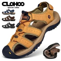 CLOHOO Men's Sandals Handmade Thick Bottom Rubber Breathable Casual Slip-On Beach Shoes Leather Upgraded Version