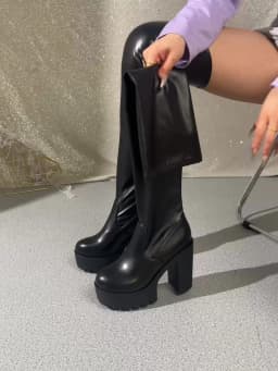 Womens Knee High Thick Sole Wide Heel Boots PU Leather Black Round Toe Rubber Sole All Day Comfort Casual Formal Wear