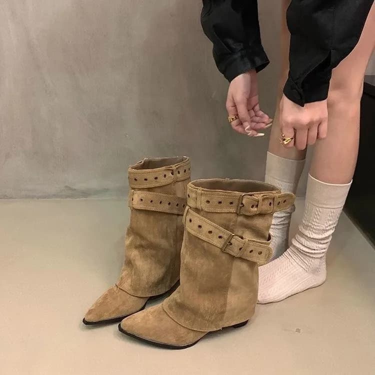 Vintage Thick Heel Pointed Toe Women Pipe Boots Fashion Belt Buckle Ladies Elegant Slip On Mordern Mid Calf Booties