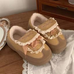 Women Winter Fleece Lined Casual Sneakers Sweet Bow Design Warm Anti Slip Shoes