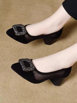Elegant Pointed Toe Mesh Block Heel Pumps, Rhinestone Square Buckle Decorated Shallow Shoes, Breathable Office Shoes for Women