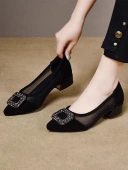 Elegant Pointed Toe Mesh Block Heel Pumps, Rhinestone Square Buckle Decorated Shallow Shoes, Breathable Office Shoes for Women