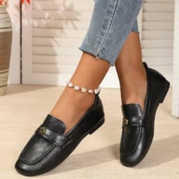 Women's Leather Flat Loafers with Gold-Tone Flower Accessory Round Apron Toe Low Block Heel Comfortable & Office Dress Shoes